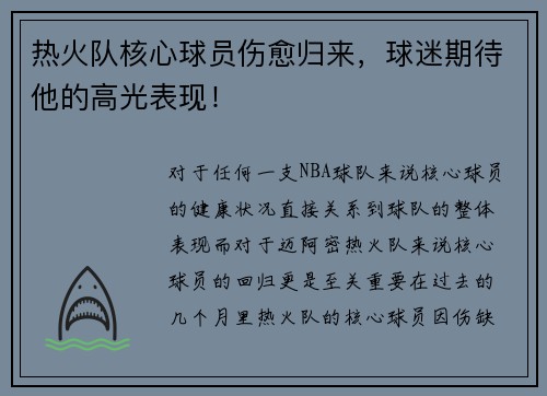 热火队核心球员伤愈归来，球迷期待他的高光表现！